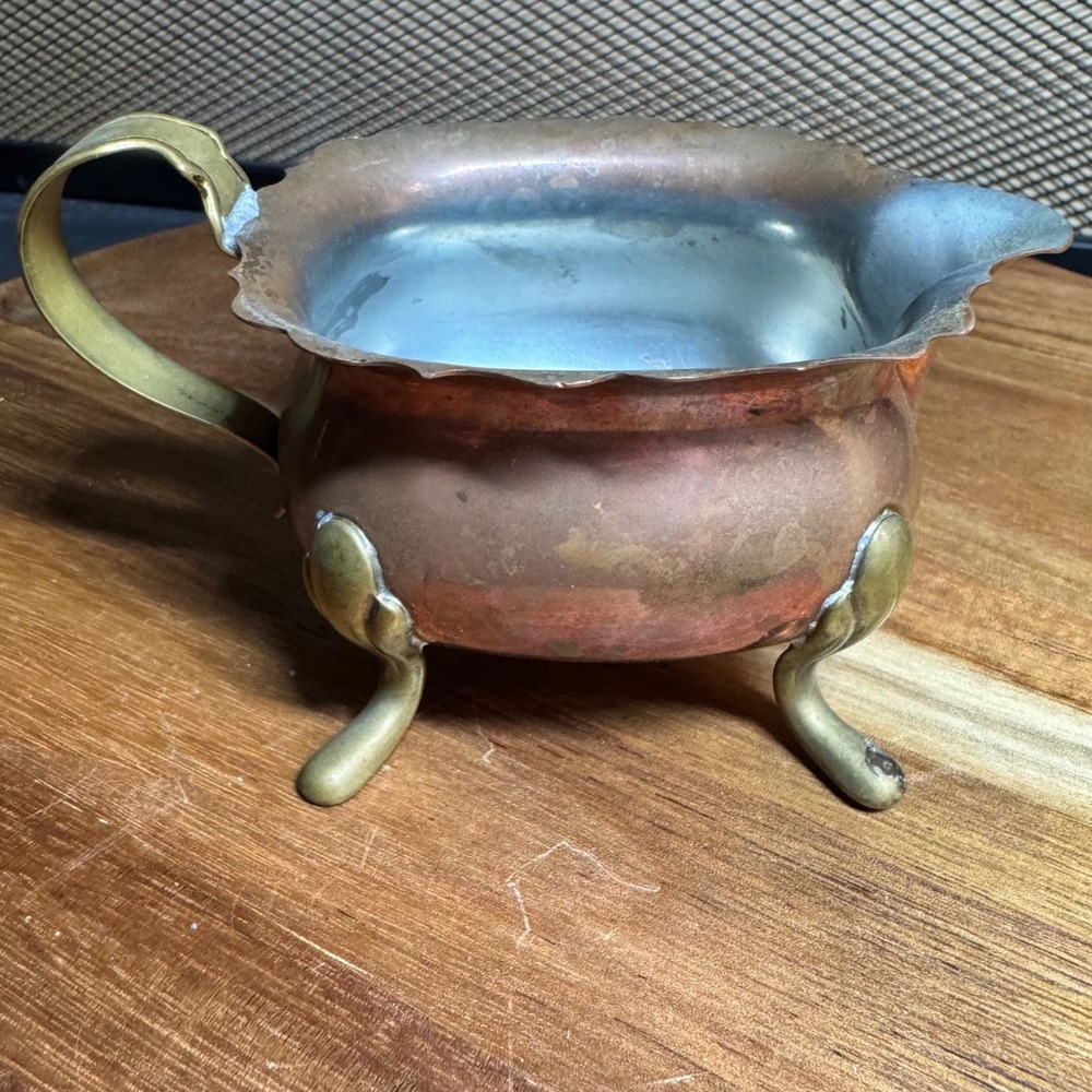 Vintage Copper Creamer Pitcher Scalloped Rim Brass Footed Tripod Base Patina